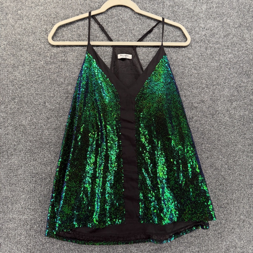 Womens Sequins Top Size XL Green Black V-Neck Sleeveless Festival Party Holiday